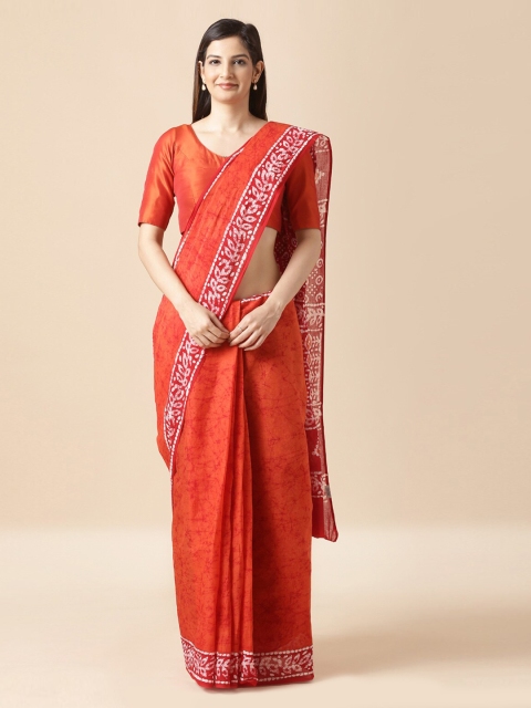 

Taneira Orange Pure Cotton Printed Block Print Saree