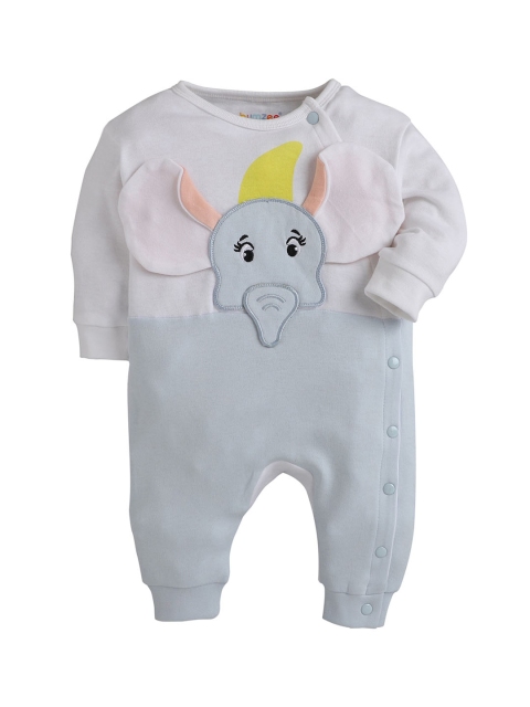

BUMZEE Kids Blue Elephant Applique Cotton Sleepsuit, Off white
