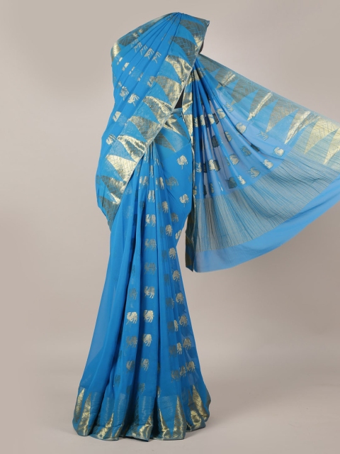 

Pothys Blue & Gold-Toned Poly Georgette Woven Design Saree