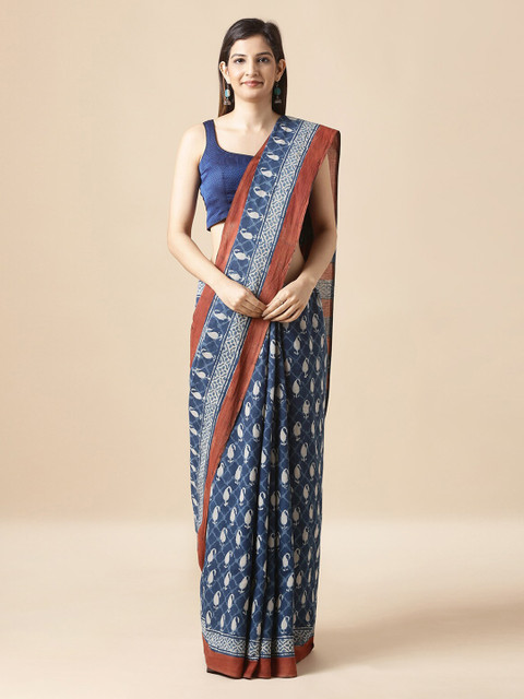 

Taneira Blue & White Pure Cotton Printed Dabu Saree
