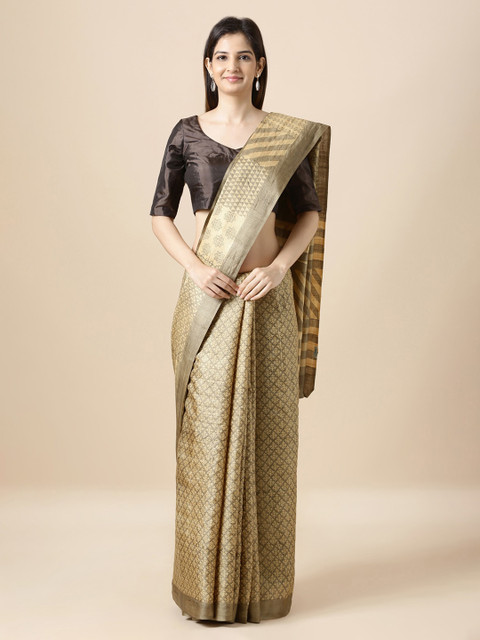 

Taneira Grey & Beige Pure Silk Printed Block Print Saree