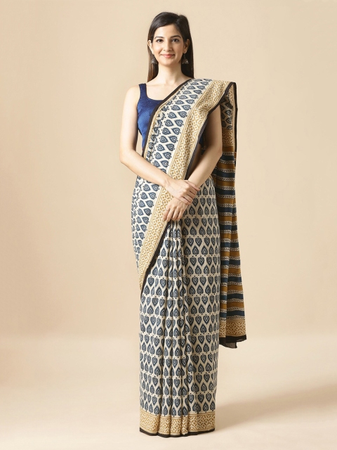 

Taneira Off-White & Navy Blue Pure Cotton Printed Bagru Saree