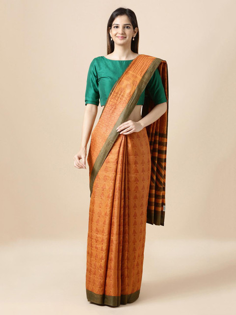 

Taneira Orange & Green Pure Silk Printed Block Print Saree