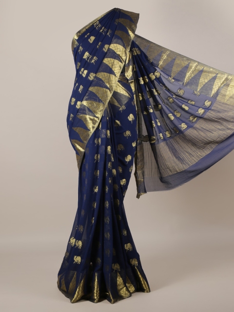 

Pothys Navy Blue & Gold-Toned Poly Georgette Woven Design Saree