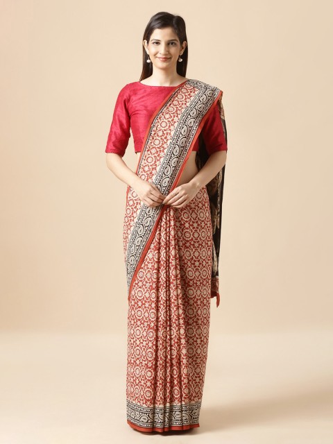 

Taneira Red & Off-White Pure Cotton Printed Bagru Saree