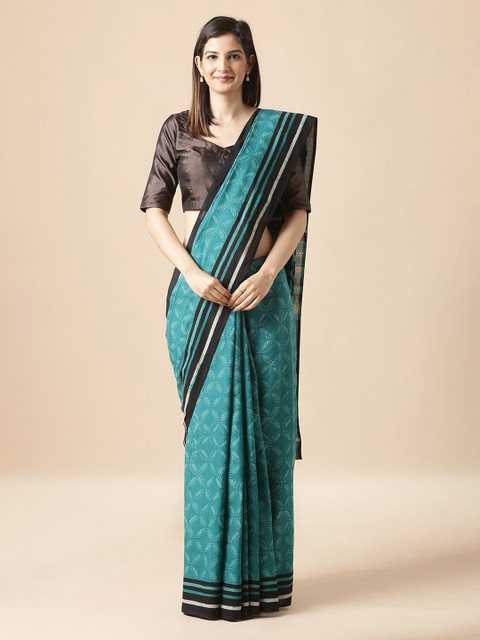

Taneira Sea Green & Black Pure Cotton Printed Dabu Saree