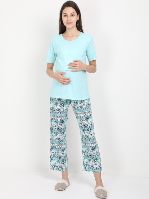 

The Mom Store Women Turquoise Blue & Black Printed Cotton Maternity Night Suit
