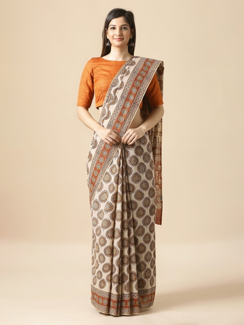 

Taneira Cream-Coloured & Mustard Pure Cotton Printed Bagru Saree