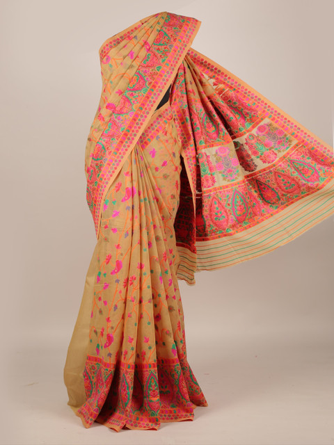 

Pothys Cream-Coloured & Pink Jute Silk Printed Saree