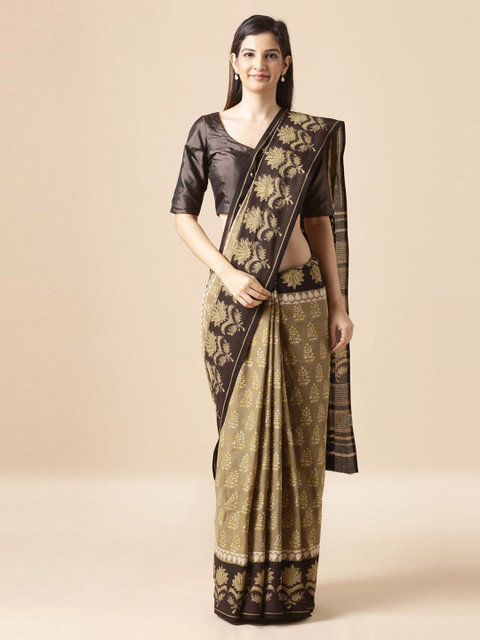 

Taneira Yellow & Brown Pure Cotton Printed Dabu Saree