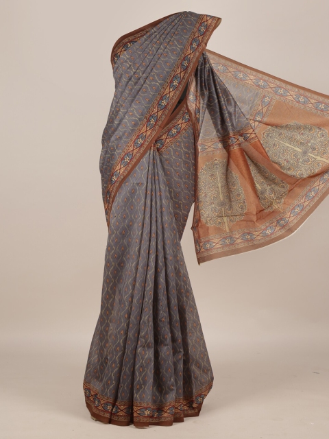 

Pothys Grey Printed Jute Silk Saree with Floral Printed Border