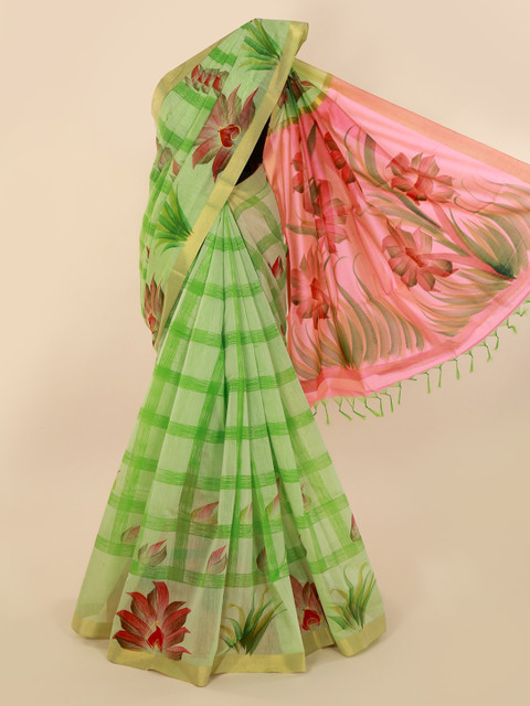 

Pothys Green & Pink Silk Cotton Printed Saree