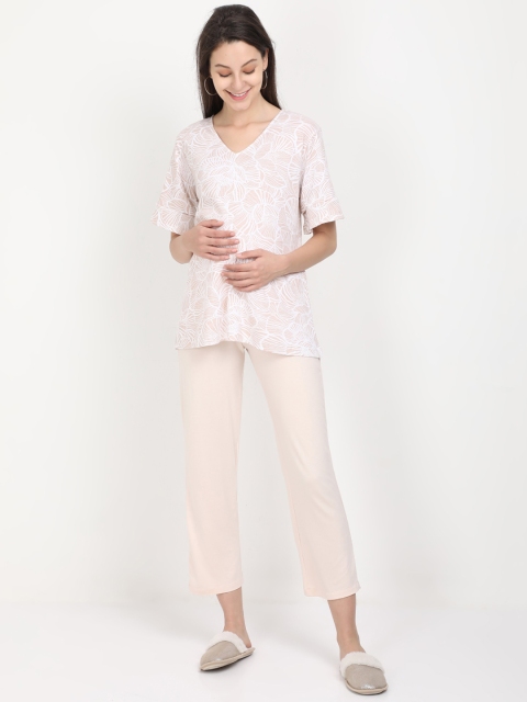 

The Mom Store Women Beige & White Floral-Print Cotton Maternity Night Suit