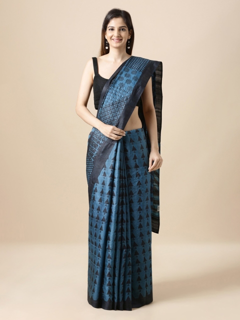 

Taneira Blue & Black Pure Silk Printed Block Print Saree