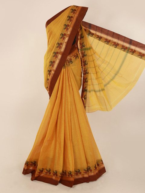 

Pothys Yellow & Brown Pure Silk Solid Saree