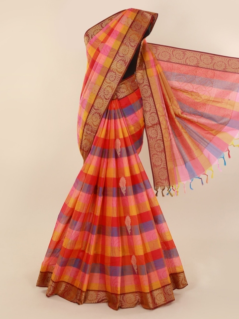 

Pothys Red & Blue Pure Silk Checked Saree