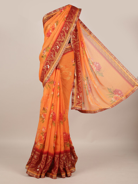 

Pothys Orange Printed Poly Georgette Saree
