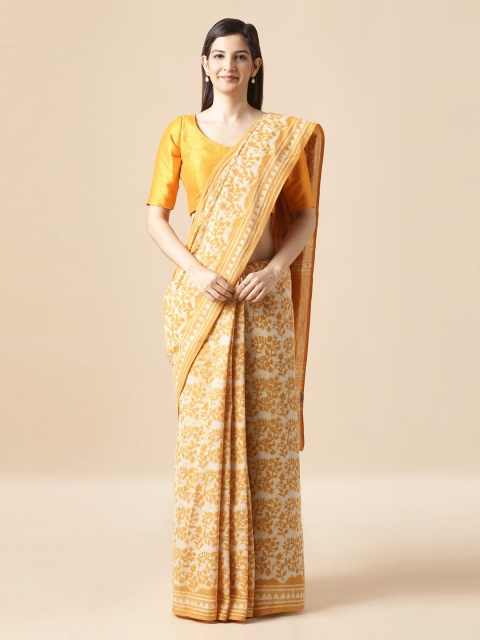 

Taneira Yellow & White Pure Cotton Printed Dabu Saree