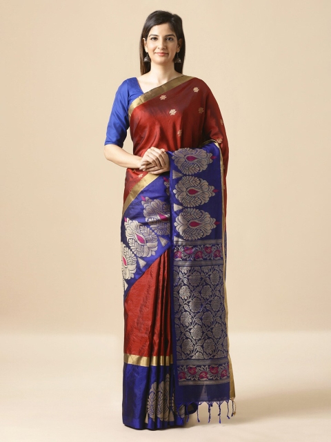 

Taneira Red & Navy Blue Pure Silk Woven Design Saree