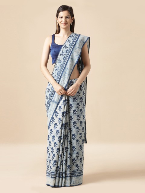 

Taneira White & Blue Pure Cotton Printed Dabu Saree