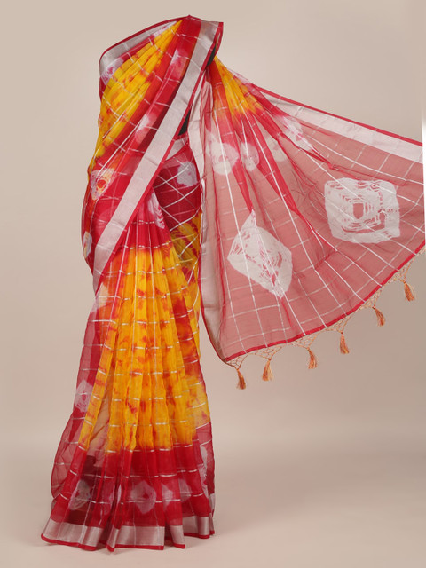 

Pothys Yellow Checked Linen Blend Saree