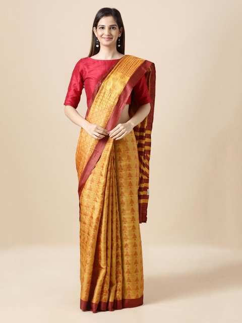 

Taneira Yellow & Orange Pure Silk Printed Block Print Saree