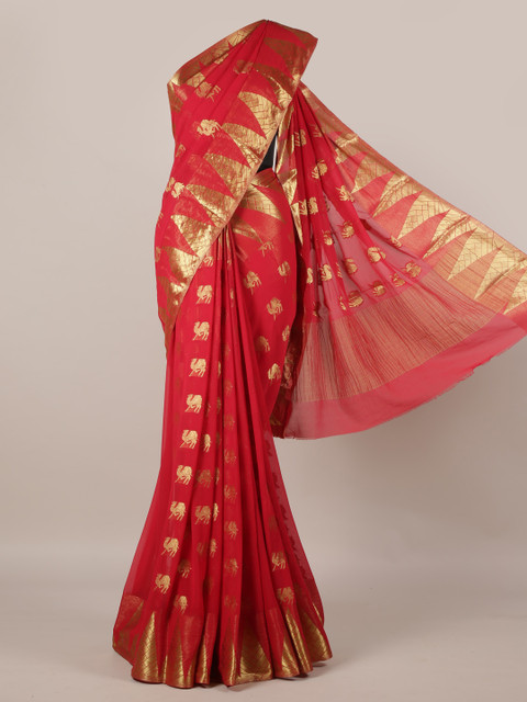 

Pothys Red & Gold-Toned Poly Georgette Woven Design Saree