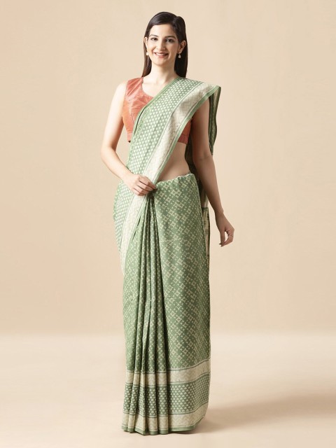 

Taneira Green & Off-White Pure Cotton Printed Dabu Saree