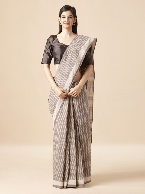 

Taneira Brown & Cream-Coloured Pure Cotton Checked Dabu Saree