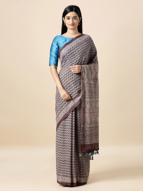

Taneira Black & Brown Pure Cotton Printed Block Print Saree