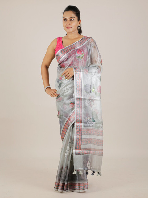 

Pothys Grey Floral Printed Tissue Saree