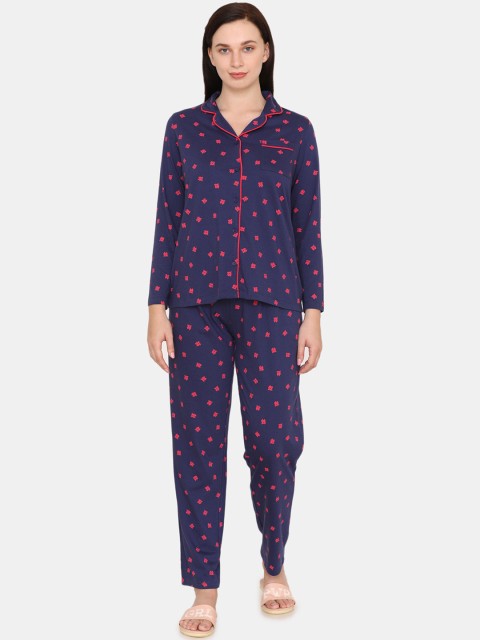 

Zivame Women Navy Blue Printed Night suit