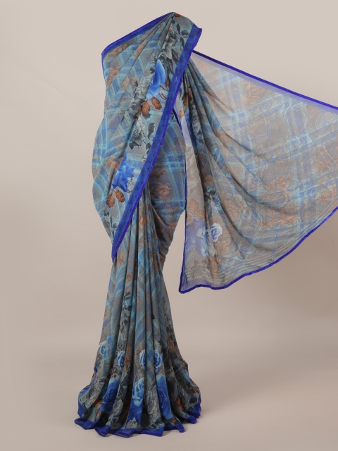 Pothys Blue Printed Poly Georgette Saree