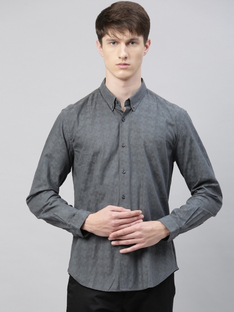 

RARE RABBIT Men Grey Self Design Regular Fit Casual Cotton Shirt