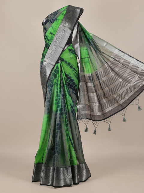 

Pothys Green & Silver-Toned Linen Blend Printed with Zari Border