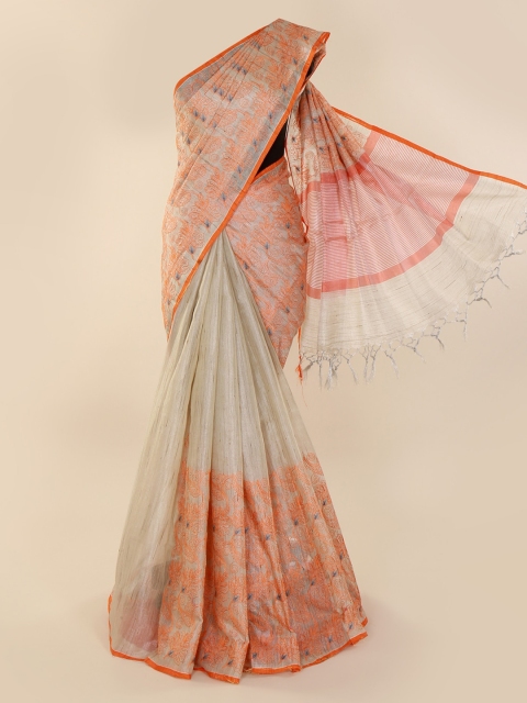 

Pothys Cream-Coloured Embroidered Tissue Saree