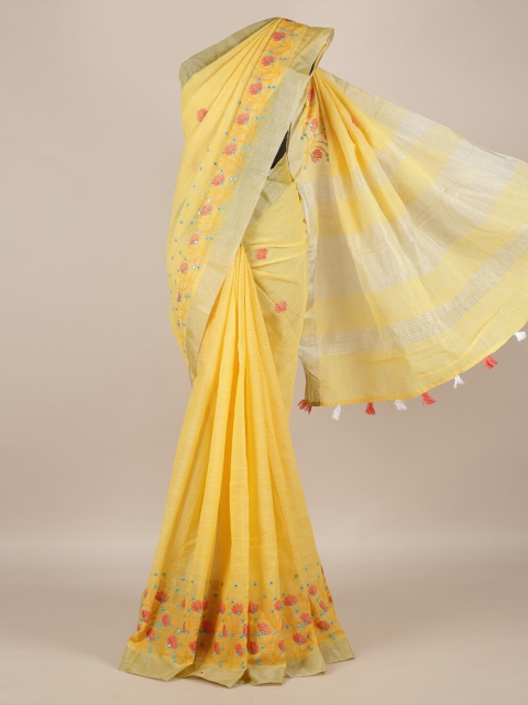

Pothys Yellow Embroidered Linen Blend Saree