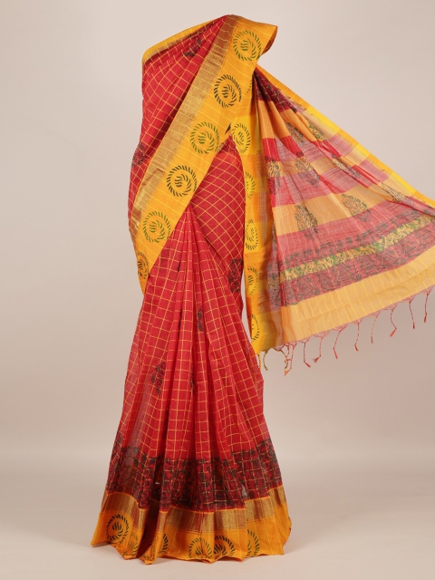 

Pothys Red & Yellow Jute Silk Checked Saree