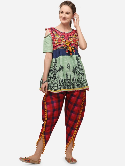 

Mesmora Women Green & Red Embellished Organic Cotton Kedia with Dhoti Pants
