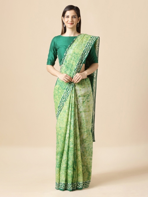 

Taneira Green & Off-White Pure Cotton Printed Block Print Saree