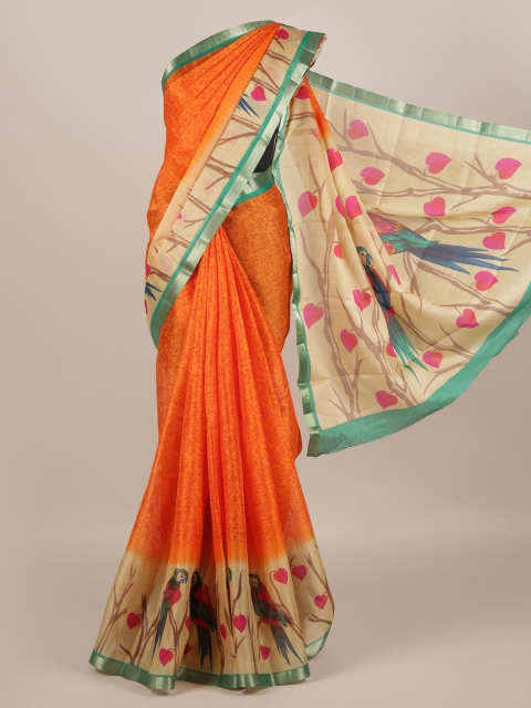 

Pothys Orange Printed Jute Silk Saree