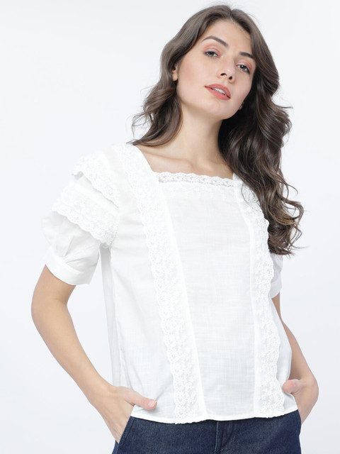

Tokyo Talkies Women White Self Design Blouson Top