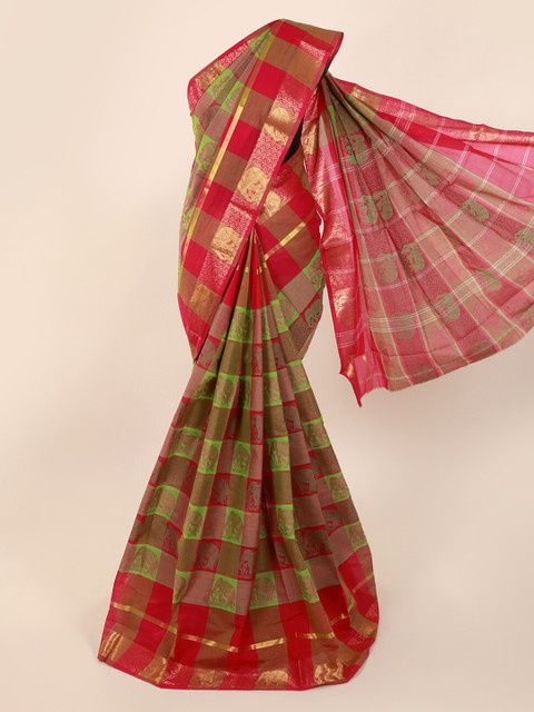 

Pothys Green & Red Pure Cotton Checked Sustainable Saree