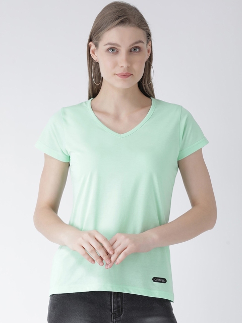 

GRIFFEL Women Sea Green Solid V-Neck T-shirt