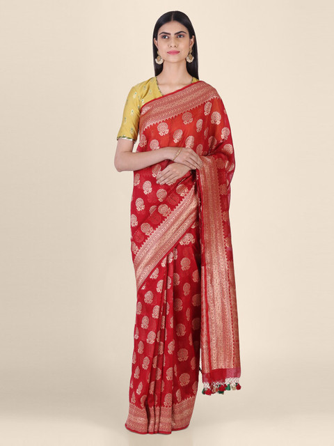 

Shruti and Mangaaysh Red & Gold-Toned Silk Blend Woven Design Banarasi Saree