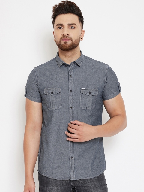 

American Archer Men Grey Slim Fit Solid Casual Denim Shirt
