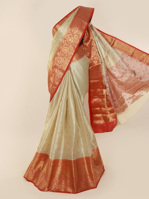 

Pothys Cream-Coloured & Orange Polycotton Woven Design Banarasi Saree