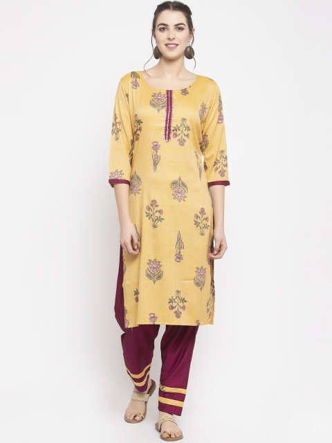 

KHALOM Women Yellow & Maroon Printed Kurta with Trousers