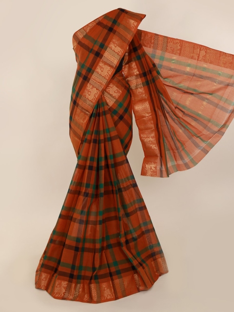 

Pothys Orange & Green Pure Cotton Checked Saree