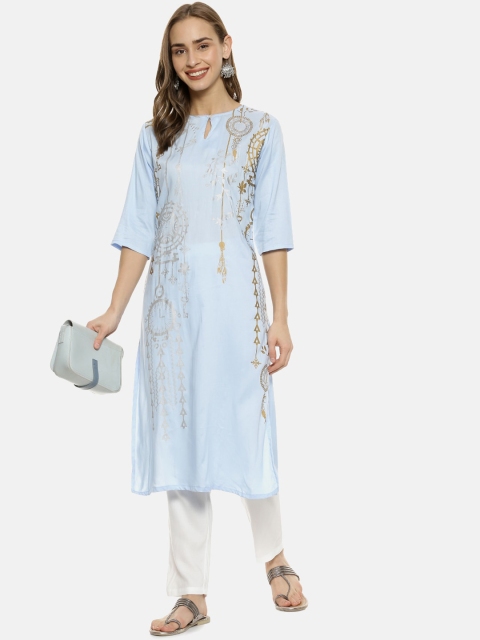

Instafab Women Blue Printed Kurta with Pyjamas